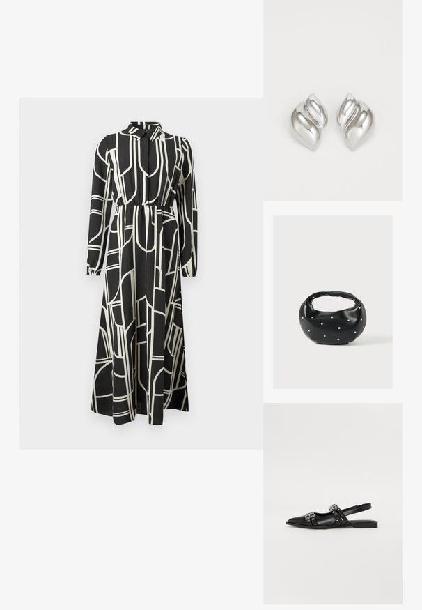Schwarzes Maxikleid mit langen Ärmeln und weißen abstrakten geometrischen Linien, mit Knopfleiste, gerafftem Bund und fließendem Rock.; Even&Odd Sling-Ballerina - black; Schwarze Lederhandtasche mit abgerundeter Form, verziert mit silbernen Nietenakzenten und kurzem Griff. Glatte Struktur und Reißverschlussverschluss.; Silberne Ohrringe mit einer organischen, abstrakten Form. Glatte, glänzende Oberfläche mit einem konischen Design. Mit dezenten Kurven und einem zentralen Linienelement.