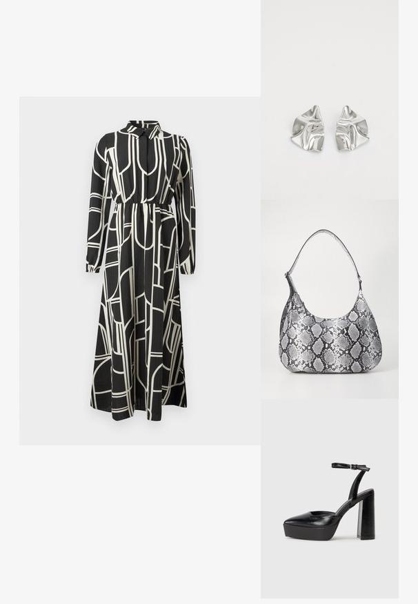 Zwarte lange mouwen maxi-jurk met witte abstracte geometrische lijnen, knoopsluiting bij de kraag, geraffineerde taille en vloeiende rok.; Zwarte plateauhakken met een puntige neus en verstelbare enkelband. Gemaakt van soepel leer, met een robuuste blokhak.; Zwart-witte slangenprint schoudertas met een afgeronde vorm, een gladde textuur en een ronde strap. Voorzien van een zilveren hardwareaccent.; Zilveren metalen oorbellen met een golvend, sculpturaal ontwerp, voorzien van een gepolijste afwerking en onregelmatige vormen, die een hedendaagse esthetiek benadrukken.