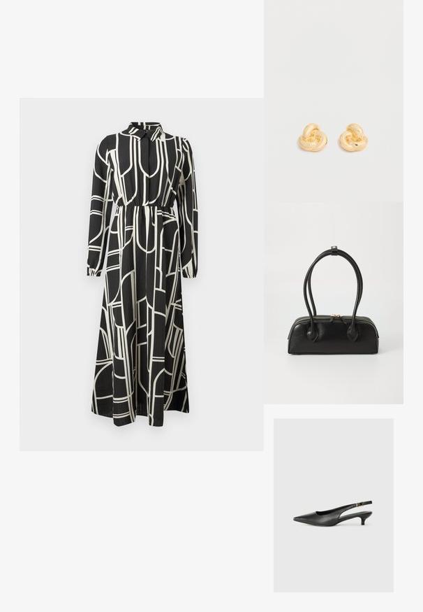 Zwarte lange mouwen maxi-jurk met witte abstracte geometrische lijnen, knoopsluiting bij de kraag, geraffineerde taille en vloeiende rok.; Zwarte puntschoen met slingback van soepel leer. Kenmerkt zich door een dunne hak en een gespdetail op de verstelbare band.; Zwarte leren handtas met twee verlengde handvatten, ritsluiting en ronde vorm; gladde textuur met subtiele glanzende afwerking.; Een paar glanzende oorstekers in goudkleur, gevormd als knopen, tegen een effen witte achtergrond.