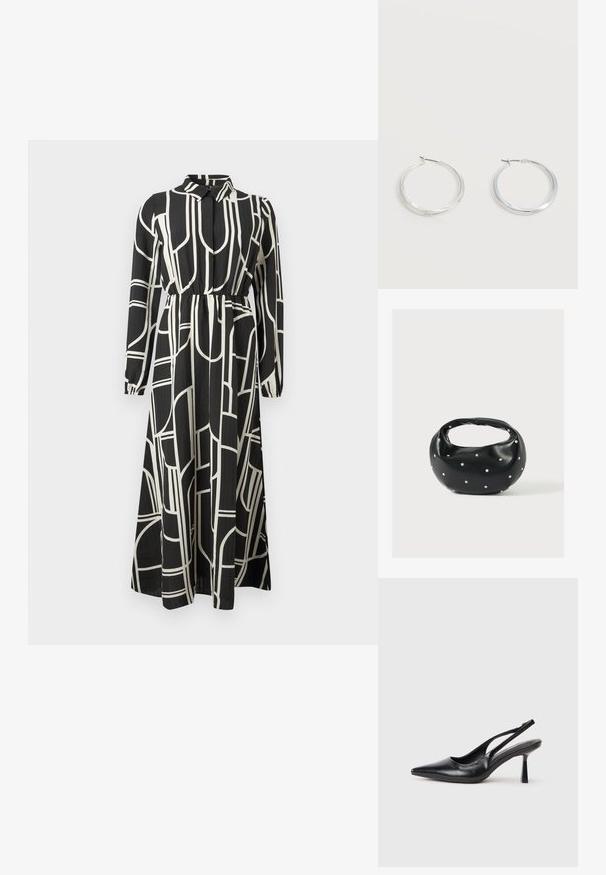 Schwarzes Maxikleid mit langen Ärmeln und weißen abstrakten geometrischen Linien, mit Knopfleiste, gerafftem Bund und fließendem Rock.; Schwarzer Leder Slingback High Heel Schuh mit spitzer Zehenpartie und schmalem Absatz auf einem weißen Hintergrund.; Schwarze Lederhandtasche mit abgerundeter Form, verziert mit silbernen Nietenakzenten und kurzem Griff. Glatte Struktur und Reißverschlussverschluss.; Silberne Metallcreolen mit glatter, leicht gebogener Oberfläche und Klappverschluss vor schlicht weißem Hintergrund.