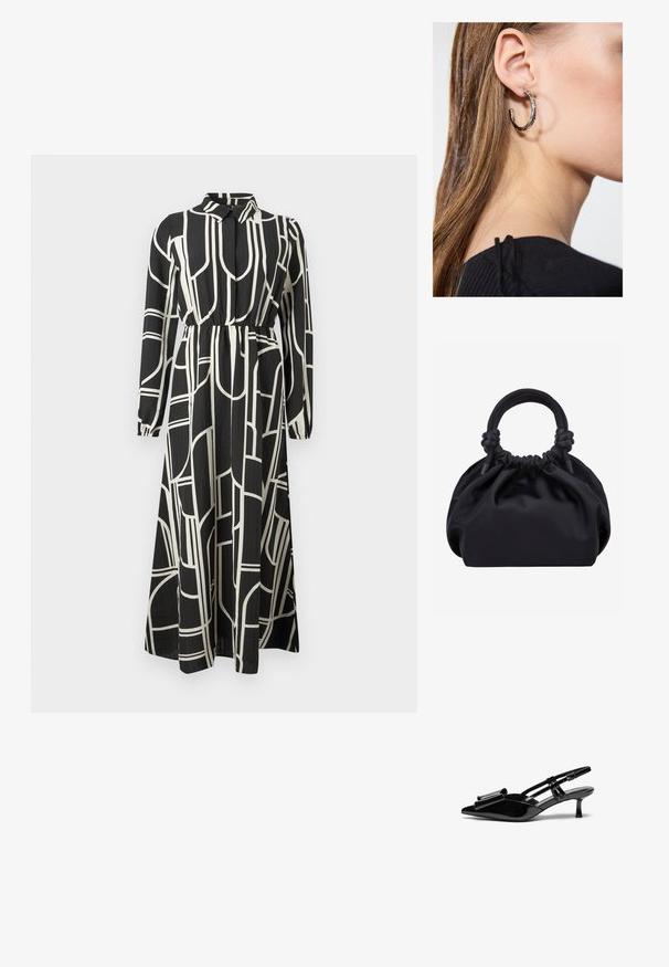 Sort maxikjole med lange ærmer, hvide abstrakte geometriske linjer, knaplukning ved kraven, sammensnøring i taljen og en strømlinet nederdel.; Sorte patenterede læderslingbacks med spids tå, en sløjfedetalje foran og en lille stilettohæle. Remmene har justerbare spænder.; Sort blød stofhåndtaske med samlet top og cirkulære polstrede håndtag bundet med knuder på hver side.; Sølv hoop ørestik med en poleret overflade, prydet med små guld accenter og en rund form, båret på øreflippen.