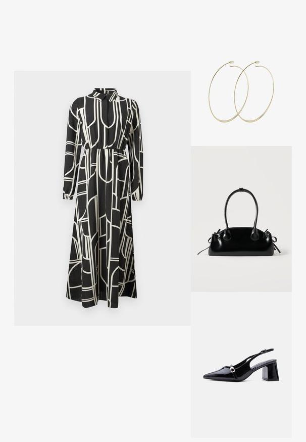 Schwarzes Maxikleid mit langen Ärmeln und weißen abstrakten geometrischen Linien, mit Knopfleiste, gerafftem Bund und fließendem Rock.; Schwarzer Slingback-Absatz aus Lackleder mit spitzer Zehenpartie, niedrigem Blockabsatz und zwei kleinen silbernen Schnallen an den Riemen.; Kleine schwarze glänzende Handtasche mit zwei langen Griffen und seitlichen Kordelzug-Details vor einfachem hellem Hintergrund.; Pilgrim Ohrringe - gold-coloured