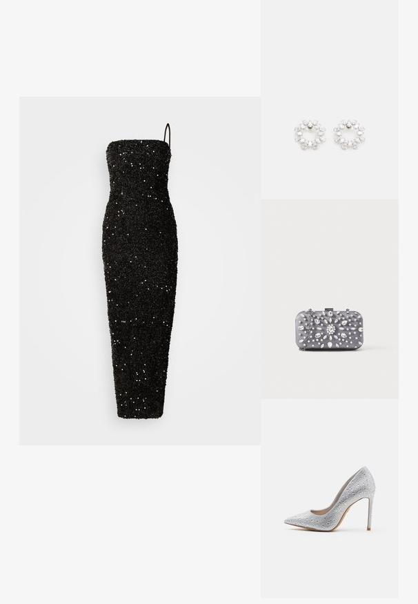 Jarlo CLEMENT - Robe de cocktail - black; Escarpin argenté à talon haut avec une pointe conique, orné de strass, texture lisse et un talon stiletto se rétrécissant à une base étroite.; Petit sac pochette rectangulaire gris foncé orné de strass clairs disposés en motif rayonnant, avec une bandoulière chaîne argentée.; Boucles d'oreilles circulaires en métal, ornées de plusieurs pierres transparentes et facettées disposées dans un motif étincelant. Incolores et réfléchissantes.