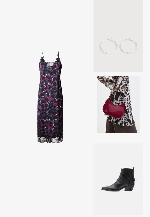 Blumenkleid mit dunklem Hintergrund und lebhaften rosa und blauen Mustern, dünnen Trägern und einer Spitzenkante am unteren Ende.; Schwarzer Leder-Stiefeletten mit spitzer Kappe, strukturierten Fransenakzenten an der Seite und niedrigem Blockabsatz. Glatte Oberfläche mit elastischem Einsatz.; Frau trägt eine schwarz-weiß gemusterte Bluse und hält eine glänzende rote Schultertasche vor einem einfarbigen Hintergrund.; Paar glänzende silberne Creolen mit dünnen Drahtverschlüssen, dargestellt vor einem hellgrauen Hintergrund.