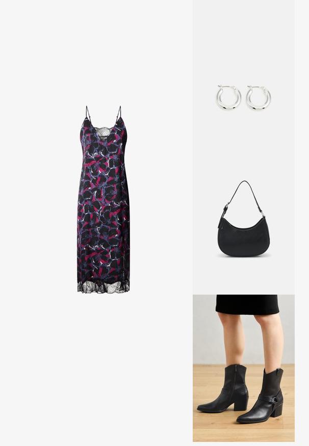 Vestido floral con un fondo oscuro y patrones vibrantes en rosa y azul, tirantes finos y un dobladillo de encaje en la parte inferior.; Botines de cuero negro con punta afilada, cierre de cremallera, tacón curvado y una correa decorativa con detalles metálicos.; Bolso hobo negro hecho de cuero suave con una silueta curva, que cuenta con una sola correa ajustable y detalles de diseño minimalistas.; Pendientes de aro de plata con un acabado pulido, que presentan una forma circular y un cierre de gancho. Textura suave con detalles mínimos.