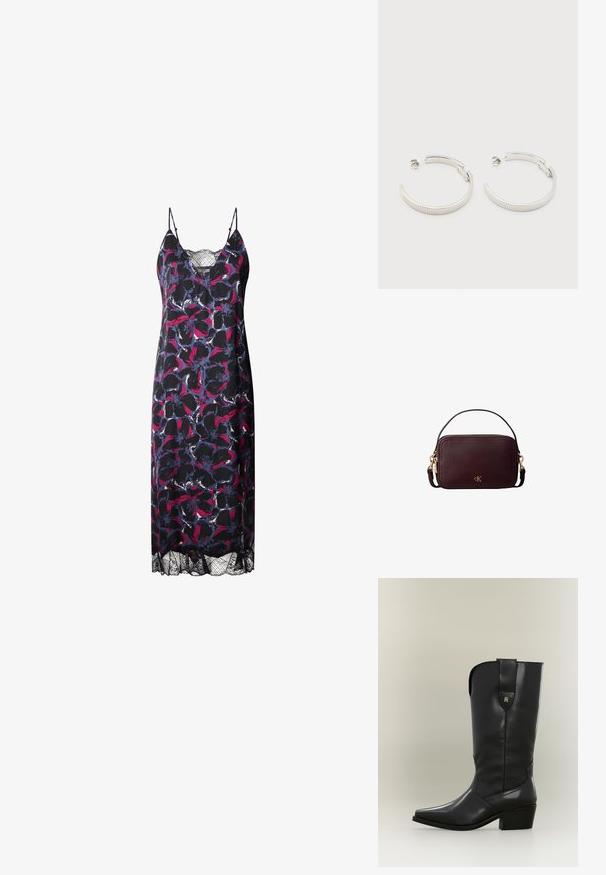 Blumenkleid mit dunklem Hintergrund und lebhaften rosa und blauen Mustern, dünnen Trägern und einer Spitzenkante am unteren Ende.; Hoher schwarzer Cowboy-Stiefel aus Leder mit spitzer Zehe, klobigem Absatz und Zuglasche mit kleinem goldenen Logo.; Dunkelbraune rechteckige Lederhandtasche mit goldenem Reißverschluss, kurzem Griff, abnehmbarem Schulterriemen und kleinem goldenem cK-Logo vorne.; Ohrstecker in Silberoptik, halbkreisförmig mit geriffelter Textur und Steckverschlüssen, auf weißem Hintergrund.