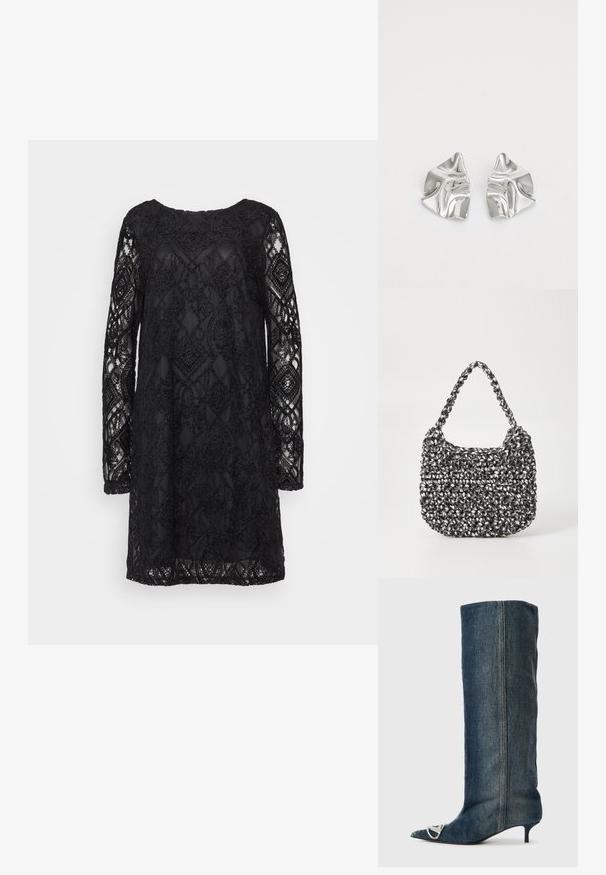 Schwarzes Spitzenkleid mit geometrischem Muster, langen Ärmeln und Rundhalsausschnitt, mit transparenter Textur und fester Unterlage.; Jeans-Kniehoher Stiefel mit spitzer Zehenpartie, silberner Hardware-Akzent, schlankem Kitten-Heel und glatter, strukturierter Oberfläche.; Gewebte Handtasche in Schwarz und Weiß mit runder Form, strukturiertem Oberflächenfinish und geflochtener Grifffläche. Geeignet für den lässigen Gebrauch.; Silberne Metallohrringe mit einem wellenförmigen, skulpturalen Design, das eine polierte Oberfläche und unregelmäßige Formen aufweist, die eine zeitgenössische Ästhetik betonen.
