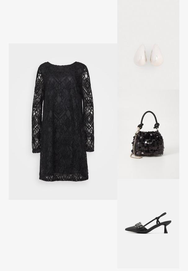 Schwarzes Spitzenkleid mit geometrischem Muster, langen Ärmeln und Rundhalsausschnitt, mit transparenter Textur und fester Unterlage.; Simmi London DALA - Pumps - black; Schwarze Pailletten-Mini-Handtasche mit einem geknoteten, strukturierten Tragegurt und einer silbernen Kette. Abgerundete Form mit gerafftem oberen Teil und reflektierenden Details.; Silberne Metall-Ohrringe in Tropfenform mit einer glatten, reflektierenden Oberfläche, die ein nahtloses Design und keine sichtbaren Verzierungen aufweisen.