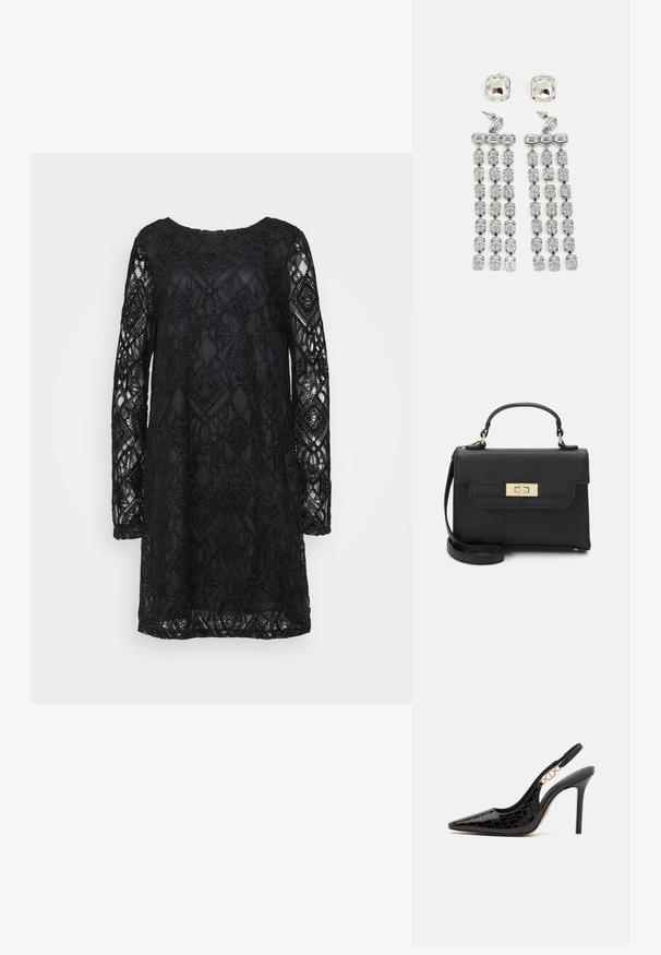 Schwarzes Spitzenkleid mit geometrischem Muster, langen Ärmeln und Rundhalsausschnitt, mit transparenter Textur und fester Unterlage.; Schwarze Lackleder-Slingback-Highheels mit spitzer Zehenform, Krokodilleder-Textur und einer goldenen Kettenakzent am Absatz. Stiletto-Design.; Schwarze Handtasche aus strukturiertem Material mit einer klaren Form, obenem Griff, abnehmbarem Schultergurt und goldfarbener Verschlussdetails.; Kristall-Ohrringe mit silberfarbener Hardware, die einen quadratischen Stecker und kaskadierende Reihen von rechteckigen und achteckigen Kristallen aufweisen.