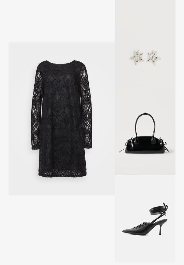 Schwarzes Spitzenkleid mit geometrischem Muster, langen Ärmeln und Rundhalsausschnitt, mit transparenter Textur und fester Unterlage.; Schwarzer spitzer High-Heel-Schuh mit Schnürung vorne und wickelnden Knöchelriemen, die zu einer Schleife gebunden sind, von der Seite auf weißem Hintergrund gezeigt.; Kleine schwarze glänzende Handtasche mit zwei langen Griffen und seitlichen Kordelzug-Details vor einfachem hellem Hintergrund.; Silberne, sternförmige Creolen mit einer glatten, polierten Oberfläche auf weißem, schlichtem Hintergrund.