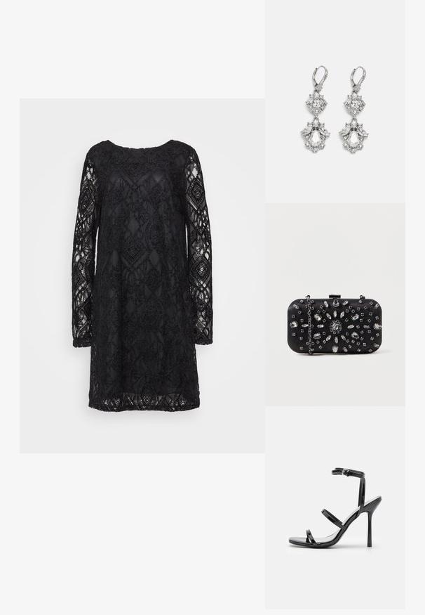 Vestido de encaje negro con un patrón geométrico, mangas largas y un escote redondo, con una textura transparente y un forro sólido.; Sandalias de tacón alto de charol negro con tres tiras horizontales y una correa en el tobillo ajustable. Silueta elegante y acabado brillante.; Clutch negro de forma rectangular, decorado con varios strass en un patrón floral, con una cadena plateada para llevar.; Pendientes de tono plateado que presentan múltiples piedras de cristal transparente en formas de lágrima y marquesa, con cierres de palanca y un detallado intrincado.
