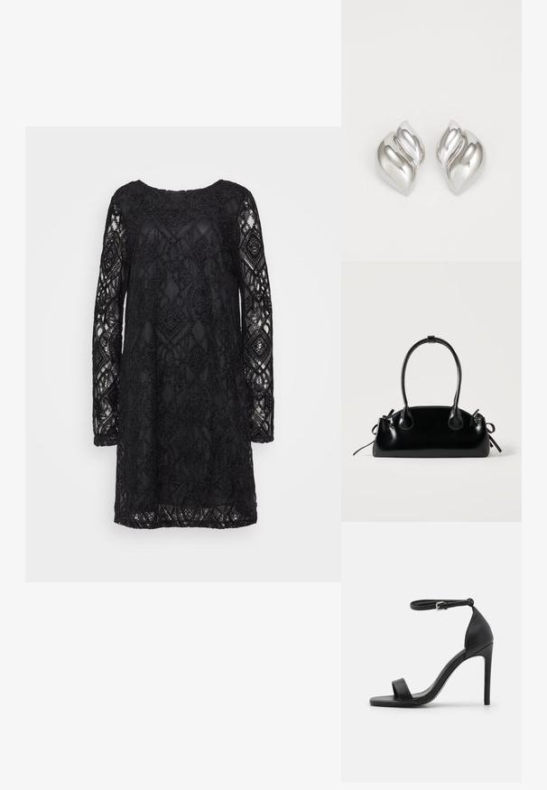 Schwarzes Spitzenkleid mit geometrischem Muster, langen Ärmeln und Rundhalsausschnitt, mit transparenter Textur und fester Unterlage.; Schwarze hochhackige Sandale mit elegantem Design, featuring einem Knöchelriemen, offener Zehenpartie und glattem Lederfinish.; Kleine schwarze glänzende Handtasche mit zwei langen Griffen und seitlichen Kordelzug-Details vor einfachem hellem Hintergrund.; Silberne Ohrringe mit einer organischen, abstrakten Form. Glatte, glänzende Oberfläche mit einem konischen Design. Mit dezenten Kurven und einem zentralen Linienelement.