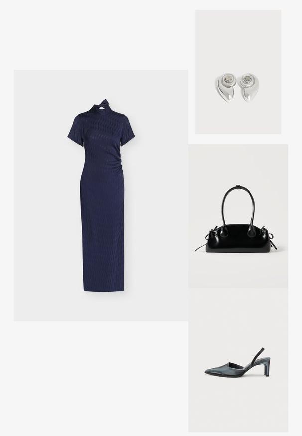 Φόρεμα σε στυλ cheongsam σε ναυτικό μπλε με υφή, κοντά μανίκια, ψηλή λαιμόκοψη και μικρή λεπτομέρεια κόμπου στο γιακά.; Μαύρο γοβάκι με ανοιχτή φτέρνα, μυτερή μύτη, κομψό σατέν φινίρισμα και λεπτό τακούνι ύψους 7,5 εκατοστών. Σχεδιασμός με ανοιχτή πλευρά και ελάχιστες ραφές.; Μικρή μαύρη γυαλιστερή τσάντα με δύο μακριές λαβές και λεπτομέρειες με ρυθμιζόμενο κορδόνι στο πλάι σε απλό ανοιχτό φόντο.; Ζευγάρι λαμπερά ασημένια μεταλλικά σκουλαρίκια με σπειροειδές σχέδιο και κυκλικό πέτρωμα στο κέντρο σε απλό λευκό φόντο.