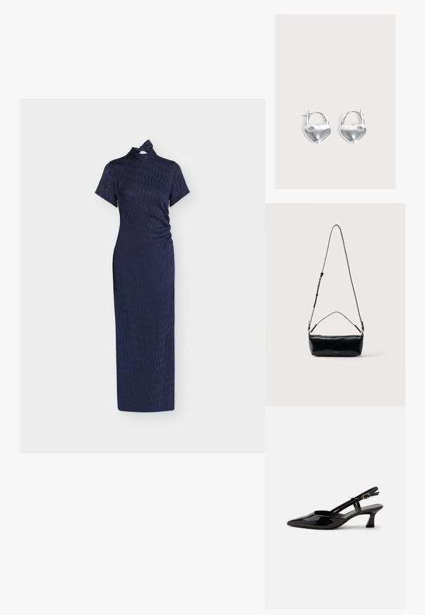 Φόρεμα σε στυλ cheongsam σε ναυτικό μπλε με υφή, κοντά μανίκια, ψηλή λαιμόκοψη και μικρή λεπτομέρεια κόμπου στο γιακά.; Μαύρο γυαλιστερό δερμάτινο πέδιλο με χαμηλό τακούνι, μυτερή μύτη και ρυθμιζόμενο χρυσό λουράκι σε λευκό φόντο.; Μαύρη ορθογώνια δερμάτινη τσάντα χιαστί με ρυθμιζόμενο λουράκι ώμου, επάνω φερμουάρ και μικρό χρυσό λογότυπο Calvin Klein στο μπροστινό μέρος.; Ζευγάρι λαμπερά ασημένια σκουλαρίκια κρίκοι σε σχήμα καρδιάς με μικρές λεπτομέρειες κλειδαρότρυπας σε απλό ανοιχτό φόντο.