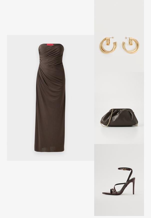 Robe de soirée marron sans bretelles avec des détails en tissu drapé, longueur au sol et une étiquette Halston bien visible en haut.; Sandale à talons hauts en cuir verni bourgogne avec une bride de cheville, bout pointu et trois bandes horizontales sur le pied. Détail de boucle dorée.; Sac à main en cuir marron avec un design froncé, une bandoulière en chaîne dorée et une finition douce et texturée. Sa forme compacte est idéale pour une utilisation en soirée.; Paire de boucles d'oreilles créoles doubles en or brillant avec attaches à tige sur fond blanc.