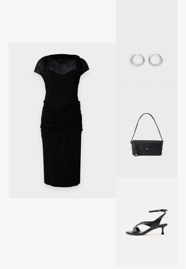 Vestido negro con un torso ajustado y mangas cortas, que presenta una capa superior texturizada y una sección inferior fruncida. Falda suave hasta la rodilla.; Sandalia negra de cuero para mujer con tacón bajo curvado, tiras cruzadas y correa ajustable en el tobillo con pequeña hebilla dorada.; Bolso de hombro de piel negra con el logo dorado "BOSS" en la parte delantera y un pequeño emblema dorado colgando de la correa lateral.; Aros de plata en forma de aro con un acabado suave y pulido. Forma circular con un pequeño detalle de broche para el cierre. Diseño minimalista, livianos.