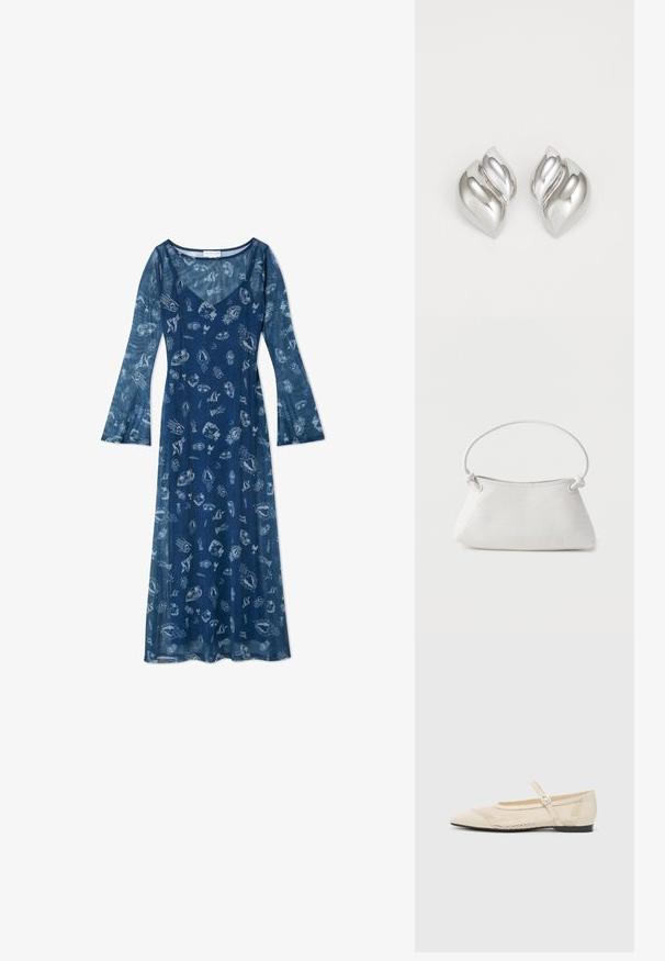 Langærmet kjole i marineblå lavet af letvægtsstof, med en flydende silhuet og et mønster af skjold og maritime motiver.; Beige balletflader med spids tå, mesh design overlay og en side spænde. Flad sål med en glat tekstur.; Hvid fletlæderhåndtaske med afrundet håndtag og ender på remmen, der er knyttet, vist mod en ensfarvet baggrund.; Sølvøreringe med en organisk, abstrakt form. Glat, skinnende overflade med et tilspidset design. Har subtile kurver og en centrallinje detalje.