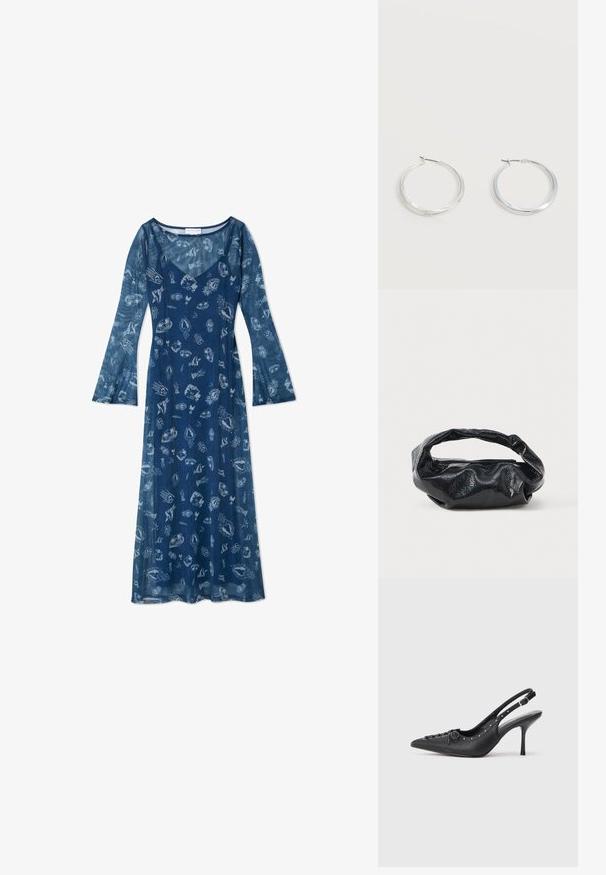 Langarm, marineblau jurk van lichtgewicht stof, met een vloeiende silhouette en een patroon van schelpen en mariene motieven.; Zwarte leren slingback stiletto met spitse neus, zijgesp met gesp, studs langs de rand en decoratieve veters aan de voorkant.; Zwarte tas van glanzend, textuur materiaal met een ronde, gedraaide handgreep en een ritsluiting. Heeft een zacht, gekreukt ontwerp.; Zilverkleurige metalen creolen oorbellen met een glad, licht gebogen oppervlak en sluitingen met haaksluiting op een effen witte achtergrond.