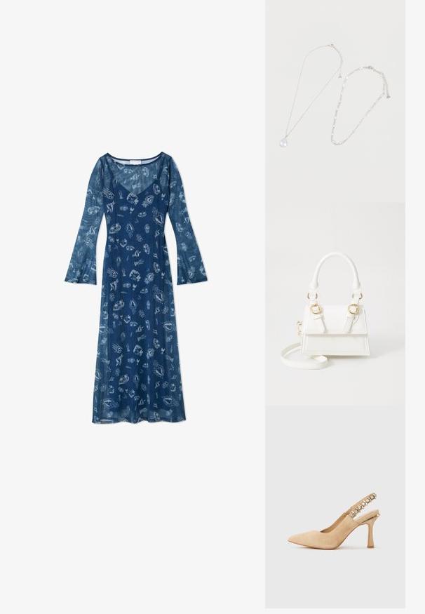 Langærmet kjole i marineblå lavet af letvægtsstof, med en flydende silhuet og et mønster af skjold og maritime motiver.; Beige ruskindspidsede høje hæle slingback med juvelbesat rem og slank blokhæle på en lys baggrund.; Hvid faux læder håndtaske med en struktureret design, gyldne hardware detaljer, dobbelte top håndtag og en justerbar skulderrem.; To sølvhalskæder på hvid baggrund, den ene med dråbeformet krystalvedhæng, den anden med ovale krystalled.
