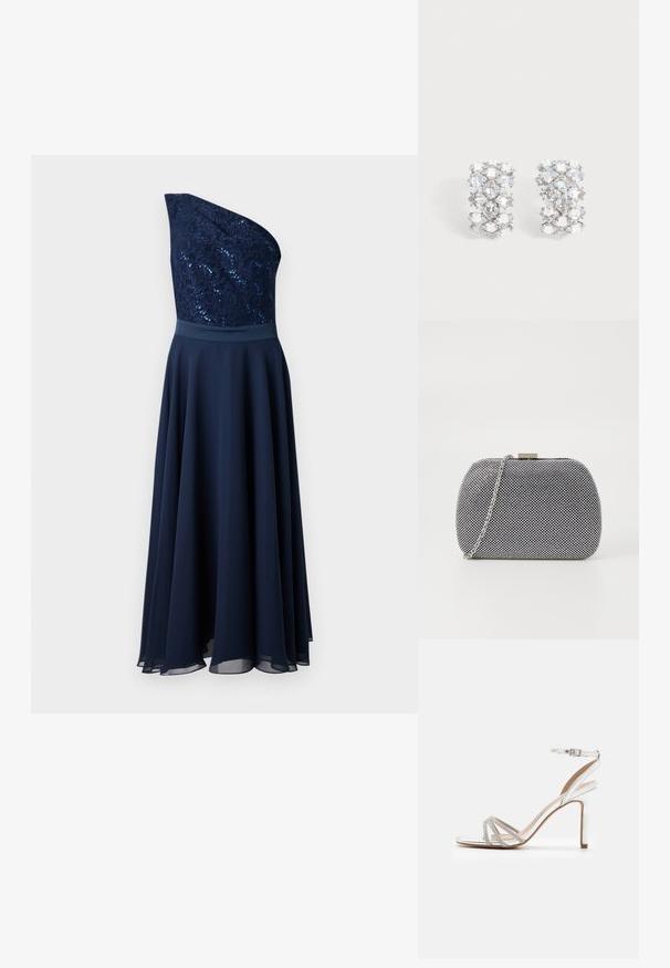 Robe asymmétrique bleu marine avec un corsage en dentelle pailletée et une jupe fluide. Texture lisse avec une taille cintrée et un ourlet en couches.; Sandale argentée à talons hauts avec plusieurs brides ornées de strass, design ouvert à l'avant et boucle à la cheville. Fini métallique lisse.; Pochette texturée noir et blanc de forme arrondie, avec une chaîne en métal argenté et un fermoir en métal en haut.; Paire de boucles d'oreilles ton argent avec plusieurs cristaux clairs facettés disposés en motif géométrique.