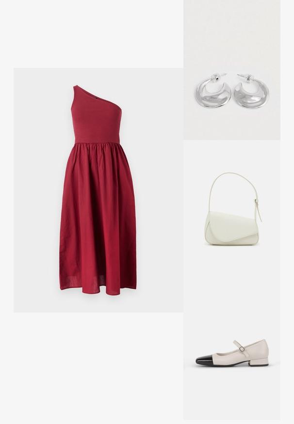 Robe d'une épaule, longueur genou, de couleur rouge foncé, avec un corsage ajusté et une jupe fluide, fabriquée dans un tissu léger avec une texture lisse.; Chaussure de style Mary Jane en cuir crème avec un bout en vernis noir. Présente un bout rond, une sangle de cheville avec une boucle carrée et un petit talon carré.; Sac à main en cuir synthétique blanc avec une forme triangulaire structurée, une bandoulière unique réglable et un rabat à courbes accentuées.; Une paire de boucles d'oreilles en croissant argenté poli avec des supports en plastique transparent sur une surface blanche.