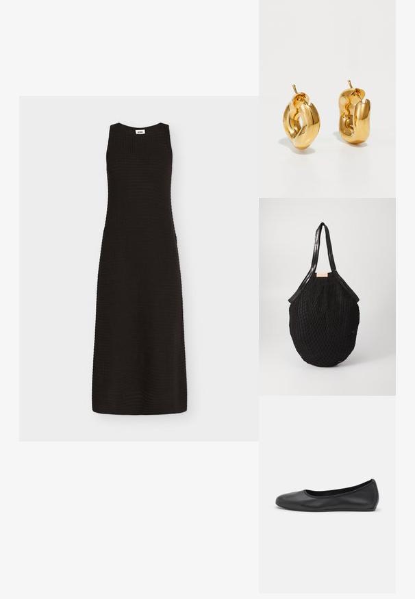 Robe midi noire sans manches en maille avec encolure ronde et silhouette ajustée sur fond uni.; Ballerines en cuir noir avec un bout rond, texture lisse, détails de couture minimalistes et design de semelle flexible.; Sac fourre-tout noir tissé en forme ovale, avec des poignées lisses et un design texturé en filet. Étiquette visible sur le côté.; Boucles d'oreilles créoles en or massif avec un design tubulaire légèrement tordu et des fermoirs à tige sur un fond blanc.
