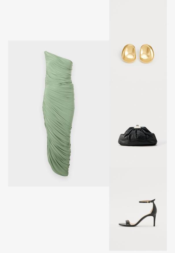 Mintgrünes, einseitiges Kleid mit geraffter Textur, figurbetontem Design und asymmetrischem Saum. Glattes, elastisches Material.; Schwarze Leder-high-heeled Sandale mit Knöchelriemen. Verfügt über eine glatte Textur, offene Zehen und einen dünnen Absatz. Goldfarbener Schnallenakzent.; Schwarze Leder-Clutch mit geraffter Textur, Metallverschluss und dezentem, auf der Vorderseite geprägtem Logo. Abgerundete Form.; Goldfarbene Ohrstecker mit einer glatten, runden Form und einer reflektierenden Oberfläche, die ein minimalistisches Design ohne sichtbare Muster zeigen.