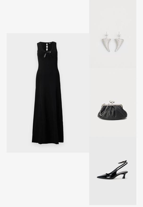 Vestido maxi sin mangas de color negro con escote redondeado, tres botones decorativos y un lazo en la parte delantera. Material de punto suave.; Zapatos de tacón de charol negro con punta afilada, tacón bajo tipo bloque y correa ajustable en el tobillo con un hebilla dorada.; Clutch de cuero negro con textura arrugada, marco de metal en tono plateado, cierre de beso y cadena para colgar. Superficie suave y lisa.; Pendientes en forma de cuerno plateado, engastados con pequeñas piedras transparentes, que cuentan con un cierre trasero para su sujeción. Textura suave y acabado metálico.