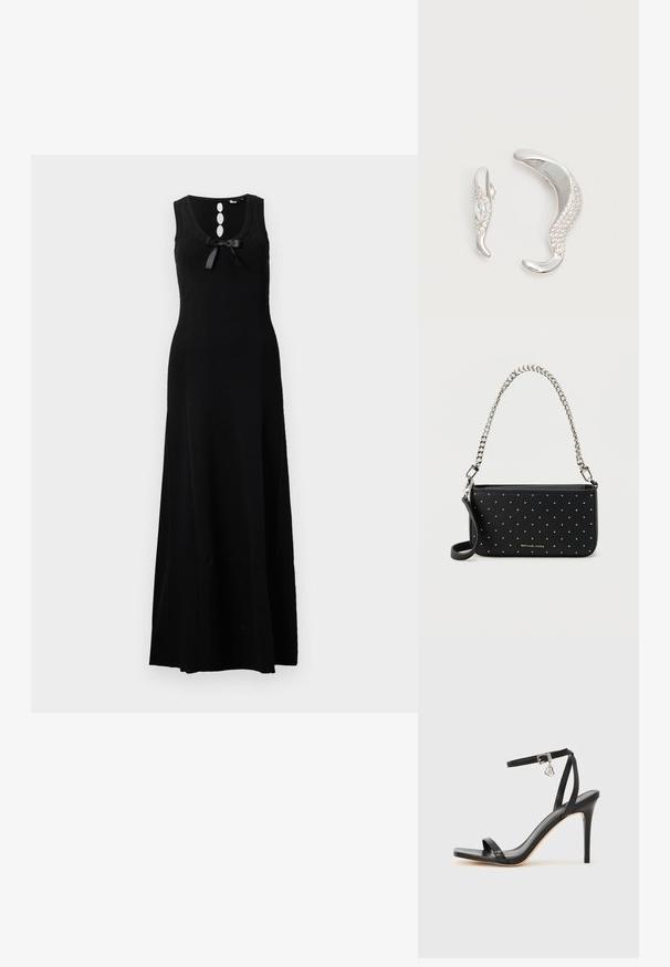 Vestido maxi sin mangas de color negro con escote redondeado, tres botones decorativos y un lazo en la parte delantera. Material de punto suave.; Sandalia de tacón alto negra con una estrecha correa en el tobillo, punta cuadrada, material de cuero liso y detalle de hebilla metálica.; Bolso de mano de cuero negro con tachuelas plateadas, una correa de cadena, una correa de hombro desmontable y un logotipo dorado. Forma rectangular con superficie texturizada.; Dos pendientes de plata curvados, uno más grande que el otro, ambos adornados con pequeños cristales brillantes a lo largo de un borde.