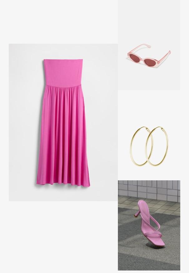 Lange roze strapless jurk gemaakt van lichtgewicht stof. Voorzien van een nauwsluitend lijfje en een wijd uitlopende rok met een geplooide taille.; Roze sandaal met hoge hak, dunne riempjes en een vierkante neus, geplaatst op asfalt nabij een betegelde muur als achtergrond.; Roze transparante zonnebril met ovale lenzen, donkerrode tint en slanke pootjes, met een gladde afwerking en subtiele details op het frame.; Gouden hoop oorringen met een glad, rond ontwerp en een glanzende afwerking. Lichtgewicht constructie met een stevige sluiting.