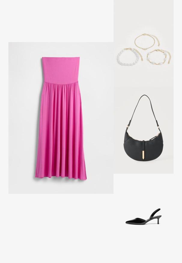 Vestido largo rosa sin tirantes hecho de tela ligera. Presenta un corpiño ajustado y una falda fluida con cintura fruncida.; Tacones slingback de charol negro con punta afilada, tacón de aguja bajo y un diseño elegante y simple sin adornos.; Bolso negro en forma de media luna con una sola correa, cremallera dorada y una lengüeta decorativa rectangular dorada en la parte delantera.; Tres pulseras: una con perlas blancas, una cadena dorada con acentos de cristal y una con eslabones mixtos de oro y perlas. Predominan los tonos dorados.