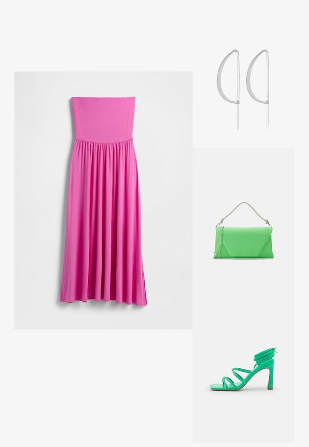 Vestido largo rosa sin tirantes hecho de tela ligera. Presenta un corpiño ajustado y una falda fluida con cintura fruncida.; NA-KD STRAPPY FUNNEL - Sandalias de tacón - green; Mascara CB61156 - Clutch - apple; Pendientes de metal plateado con un diseño curvado minimalista, que presentan formas de lágrima abiertas y alargadas con un acabado mate.