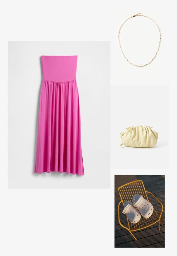 Vestido largo rosa sin tirantes hecho de tela ligera. Presenta un corpiño ajustado y una falda fluida con cintura fruncida.; Las zapatillas Crocs blancas tienen un diseño perforado, suelas planas y correas ajustables en el talón, y están descansando sobre una silla de alambre amarilla contra un suelo de madera.; Bolso amarillo plisado hecho de cuero sintético suave, con una forma blanda y una sola correa para el hombro, además de un diseño de parte superior recogida.; Delicado collar con pequeñas perlas blancas intercaladas con diminutas cuentas de oro y un cierre de langosta de oro con cadena ajustable.