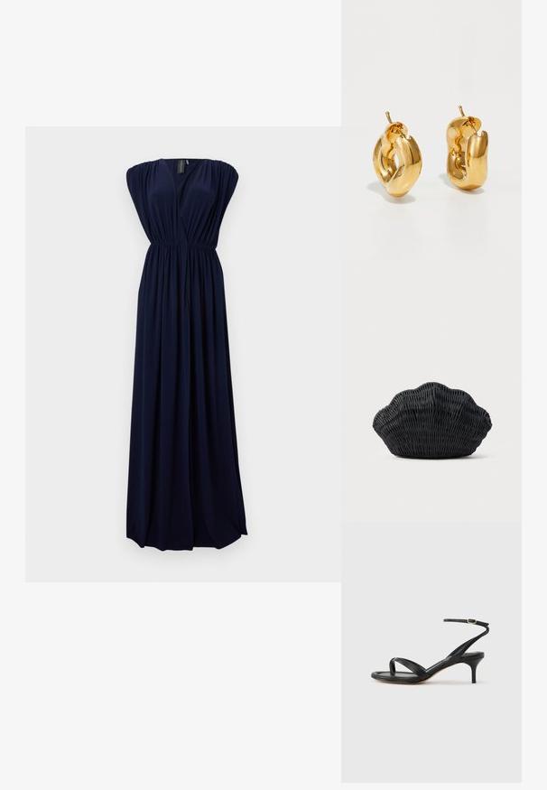 Robe maxi bleu marine en tissu fluide, avec un décolleté en V profond, des épaules froncées et une taille élastique pour marquer la silhouette.; Sandale pour femme en cuir noir avec fines lanières, une boucle d'orteil, une boucle à la cheville et un talon aiguille de hauteur moyenne sur un fond neutre.; Sac à main en osier noir en forme de coquille Saint-Jacques avec un dessus courbé et une texture tressée sur un fond uni.; Boucles d'oreilles créoles en or massif avec un design tubulaire légèrement tordu et des fermoirs à tige sur un fond blanc.