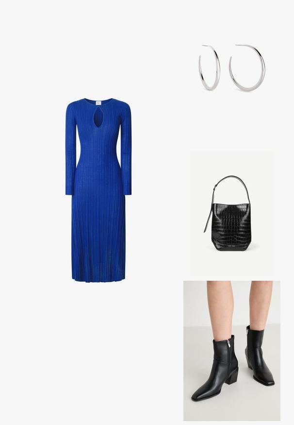 Vestido de manga larga de tela azul con diseño de canalé, que presenta un corte en forma de llave en el escote y una silueta ajustada hasta la mitad de la pantorrilla.; RAID MEDUSA - Botines - black; Bolso tipo saco de piel negra con relieve de cocodrilo, con una sola correa para el hombro y un pequeño logo de la marca en plata en el centro inferior frontal.; Pendientes de aro de plata con un acabado liso y pulido. Cada pendiente presenta una forma curva y diseño abierto para facilitar su uso.