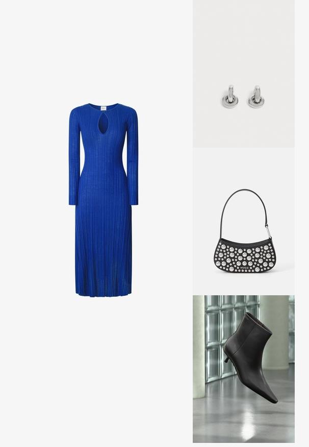 Langärmliges, geripptes Kleid aus blauer Stoff, das einen Ausschnitt in Form eines Schlüssellochs am Halsausschnitt und eine figurbetonte Silhouette bis zur Mitte der Wade aufweist.; Schwarzer Leder-Knöchelstiefel mit spitzer Spitze und kleinem Absatz vor einer Wand aus Glasbausteinen und einem polierten Boden.; Schwarze Lederhandtasche mit geschwungener Form, verziert mit silbernen Nieten in verschiedenen Größen und einem kurzen Tragegurt. "HUGO"-Logo auf der Vorderseite aufgedruckt.; Paar kleine, glänzende silberne Creolen mit rundem Sockel, auf einfachem hellem Hintergrund präsentiert.