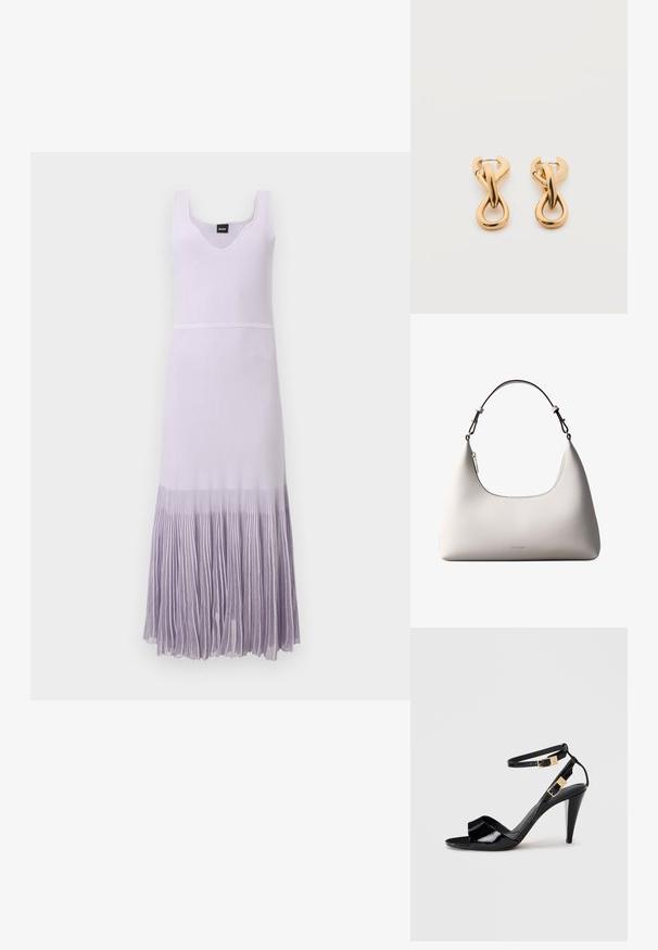 Robe en maille blanche sans manches avec col en V et jupe plissée lavande dégradée s'étendant du milieu de la cuisse jusqu'à la cheville.; Sandale à talon haut en cuir verni noir avec double bride de cheville et boucles dorées, bout ouvert, et talon effilé sur fond neutre.; Sac à bandoulière en cuir couleur crème de Calvin Klein avec bord supérieur incurvé, fermeture éclair argentée et sangle ajustable brun foncé.; Paire de boucles d'oreilles créoles en bouclettes dorées brillantes sur fond blanc uni, présentant un design torsadé entrelacé.