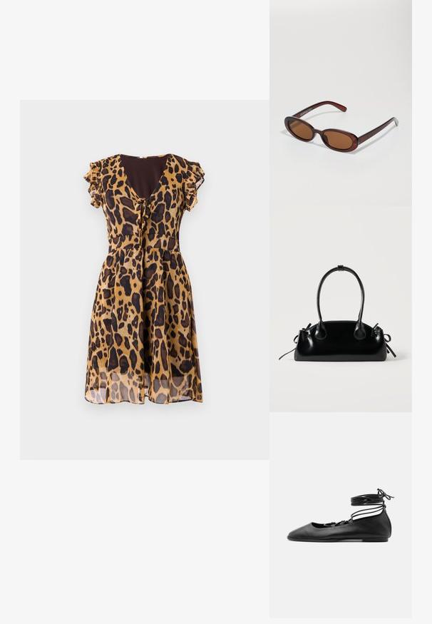 Vestido de estampado de leopardo con mangas cortas con volantes, escote en V y un detalle de lazo en la cintura, hecho de un material ligero y transparente.; Zapato de ballet plano de cuero negro con punta puntiaguda, múltiples tiras finas en la parte superior y cordones que se atan alrededor del tobillo.; Gafas de sol redondas con tinte marrón y un marco burdeos brillante. Patillas delgadas con un sutil detalle de marca. Diseño de lentes planos.; Pequeño bolso negro brillante con dos asas largas y detalles de cordón lateral sobre un fondo claro liso.