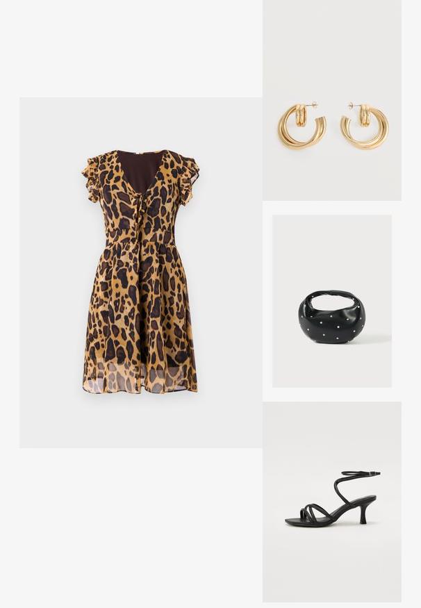 Vestido de estampado de leopardo con mangas cortas con volantes, escote en V y un detalle de lazo en la cintura, hecho de un material ligero y transparente.; Even&Odd Wide Fit by Zalando Sandalias - black; Bolso de mano de cuero negro con forma redondeada, decorado con detalles de tachuelas plateadas y un asa corta. Textura lisa y cierre con cremallera.; Par de pendientes de aro doble brillante de oro con cierres de presión sobre un fondo blanco.