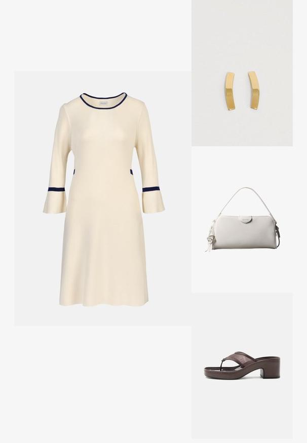 Krem midi-kjole med trekvartlange klokkeærmer, navy kant på halsudskæring, manchetter og talje, ribstrikket stof.; Brun sandal med hæl med mesh-rem og tæst design, med blokhæl og syet sål, vist i profil mod hvid baggrund.; Hvid rektangulær Calvin Klein håndtaske med enkelt håndtag, minimalistisk design og dekorative kvaster med geometrisk metalvedhæng på siden.; Guldtonede metaløreringe med et bøjet, langstrakt design. Overfladen er glat og poleret med en minimalistisk stil.