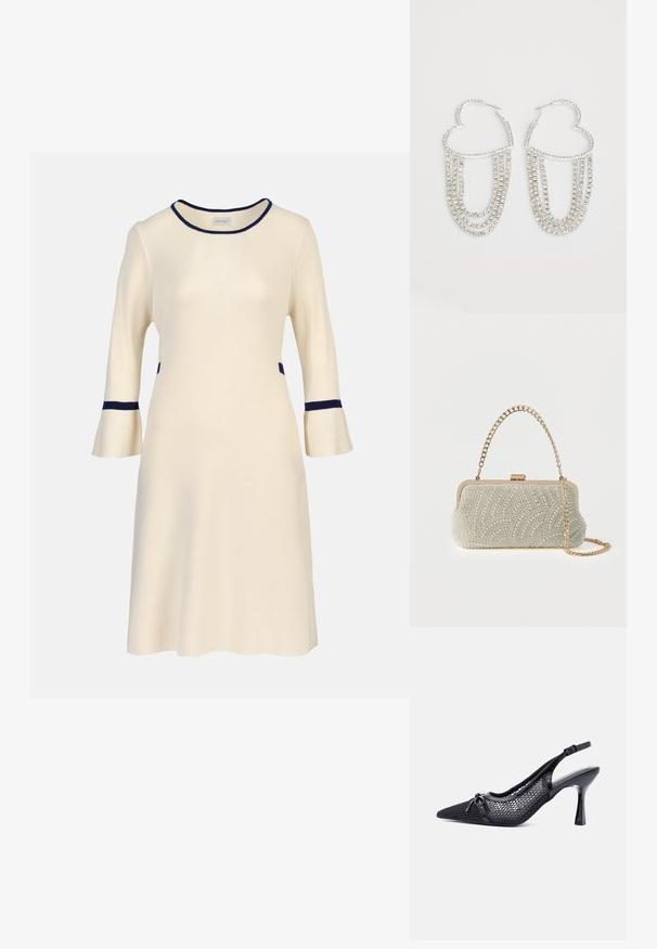Krem midi-kjole med trekvartlange klokkeærmer, navy kant på halsudskæring, manchetter og talje, ribstrikket stof.; Sort spids slingback højhælet sko med mesh bikagemønster og lille dekorativ sløjfe foran.; Lille rektangulær hvid clutch-taske dækket med perleperler med en gylden metalramme og to gyldne kædestropper, en kort og en lang.; Sølv hoops i hjerteform, prydet med hængende strenge af klare rhinsten for ekstra glans og struktur.