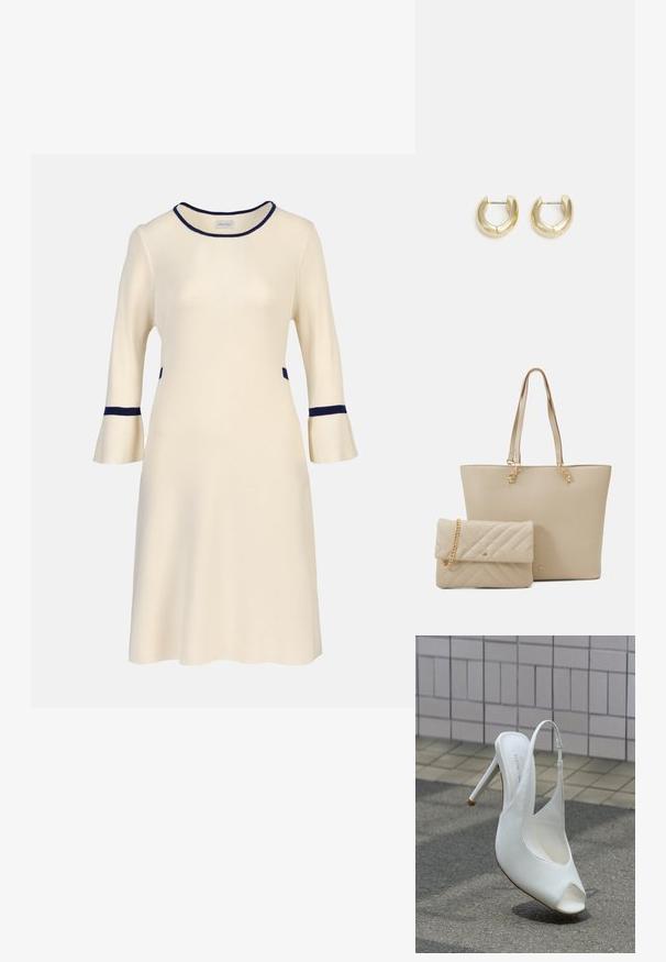 Krem midi-kjole med trekvartlange klokkeærmer, navy kant på halsudskæring, manchetter og talje, ribstrikket stof.; Hvid højhælet slingback-sko med åben tå på fortovet foran en flisebelagt væg, der kaster en skygge på jorden.; Beige tote bag med flade håndtag, glat tekstur og guld hardware, parret med en matchende quiltet clutch med kædestrop.; Guld-tone hoop øreringe med en glat, poleret overflade. Har en halvcirkelform og en sikker stiftlukning.