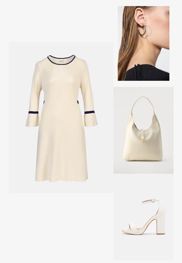 Krem midi-kjole med trekvartlange klokkeærmer, navy kant på halsudskæring, manchetter og talje, ribstrikket stof.; Hvide højhælede sandaler med ankelrem, minimalistisk design, åben tå, blokhæl og glat lædertekstur.; Hobo-taske i cremefarvet læder med en enkelt skulderrem, glat tekstur og et guldfarvet spænde foran.; Sølv hoop ørestik med en poleret overflade, prydet med små guld accenter og en rund form, båret på øreflippen.