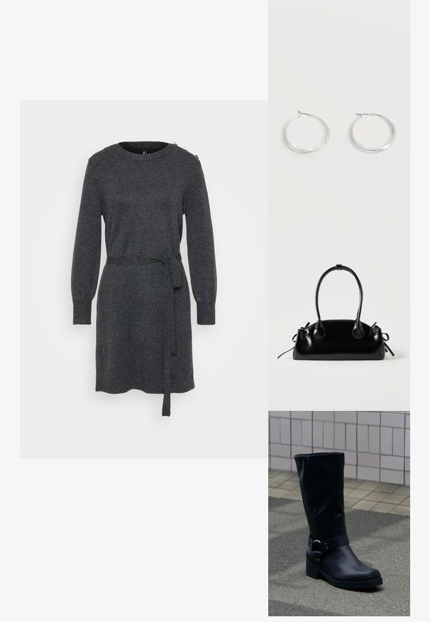 Koolgrijs lange mouw gebreide jurk met ronde hals, zijsstrikceintuur, geribbelde manchetten en knoopdetails op de linker schouder.; Zwarte leren kuitlaars met een lage blokhak en een decoratieve riem met metalen gesp rond de enkel, op een betegeld trottoir.; Kleine zwarte glanzende handtas met twee lange hengsels en zijkant trekkoord details op een effen lichte achtergrond.; Zilverkleurige metalen creolen oorbellen met een glad, licht gebogen oppervlak en sluitingen met haaksluiting op een effen witte achtergrond.