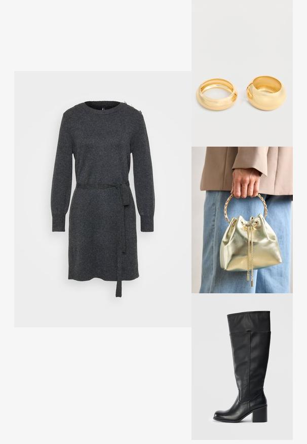 Koolgrijs lange mouw gebreide jurk met ronde hals, zijsstrikceintuur, geribbelde manchetten en knoopdetails op de linker schouder.; Knielange zwarte leren laarzen met een blokhak, een gladde textuur en stikseldetails langs de zijkanten. Eenvoudig en modern ontwerp.; Metalen gouden bucket bag met een trekkoordsluiting, voorzien van een gouden kettinghandvat en twee decoratieve kettingdetails aan de voorkant.; Twee brede, gladde, glanzende gouden ringen met afgeronde randen naast elkaar op een lichte achtergrond geplaatst.
