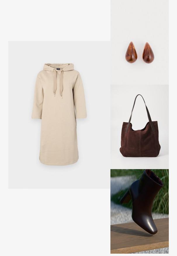 Beige jurk met capuchon, met een relaxte pasvorm, driekwartmouwen en aantrekknoopjes. Kenmerkt zijsplitten en geborduurd logo op de borst.; Glanzende zwarte leren enkellaars met blokhak rustend op een houten oppervlak tegen een vervaagde buitenachtergrond.; Bruine suede totebag met twee donkere leren schouderbanden. Zachte textuur, ronde bovenkant en een ruime binnenkant. Geen zichtbare hardware of versieringen.; Een paar glanzende bruine druppelvormige oorbellen met subtiele donkerdere patronen op een witte achtergrond.