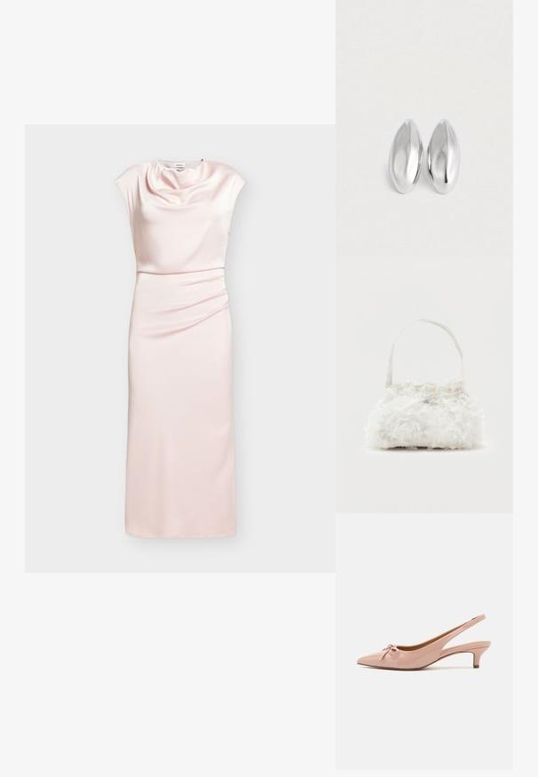 Robe midi rose clair sans manches en satin avec col bénitier drapé et détail froncé à la taille sur fond neutre.; Escarpins à talon slingback en cuir verni rose pâle avec un bout pointu, un détail en nœud à l'avant, et un petit talon. Texture lisse avec une finition brillante.; Petit sac à main blanc orné de roses en tissu recouvrant le corps et d'une fine anse unique, sur un fond uni.; Paire d'objets ovales en argent luisant et lisse disposés côte à côte sur un fond blanc uni.