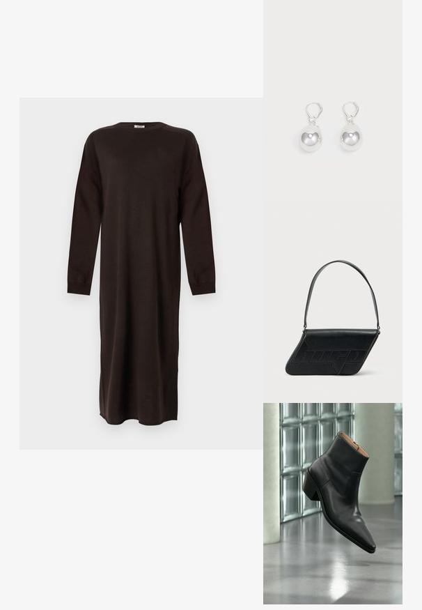 DRYKORN RIMONE - Robe pull - brown; Bottine en cuir noir avec un bout pointu et un talon carré lévitant au-dessus d'un sol gris réfléchissant près d'un mur en blocs de verre.; Sac d'épaule en cuir noir de forme triangulaire, avec un logo embossé et une seule bandoulière réglable. Design minimaliste avec une texture lisse.; Boucles d'oreilles en argent en forme de goutte avec des surfaces lisses, rondes et réfléchissantes, suspendues à des fermoirs à ressort. L'arrière-plan est blanc uni.