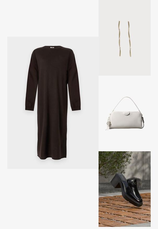 DRYKORN RIMONE - Vestido de punto - brown; Mule tipo slip-on de cuero negro de Calvin Klein con tacón de bloque descansando sobre baldosas de madera al aire libre cerca de una planta verde y una pared gris.; Bolso rectangular blanco de Calvin Klein con un solo asa, diseño minimalista y borlas decorativas con un charm metálico geométrico en el lateral.; Pendientes largos de oro compuestos por cuatro barras curvadas enlazadas y alargadas sobre un fondo blanco.