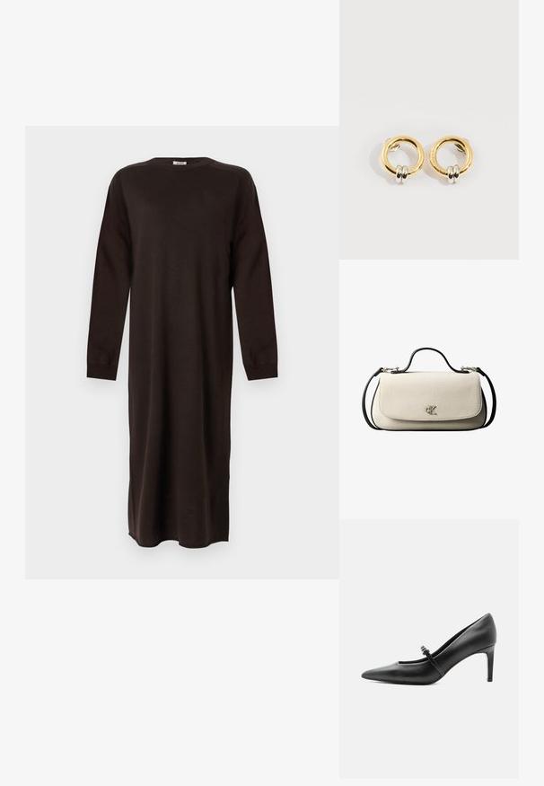 DRYKORN RIMONE - Vestido de punto - brown; Zapato de tacón alto de cuero negro con punta puntiaguda, con tira fina y hebilla sobre el empeine, sobre fondo claro y neutro.; Bolso rectangular de color crema con correa y asa negras, cierre frontal con solapa y pequeño logo plateado "cK" en el centro del frente.; Pendientes circulares de oro con dos pequeños anillos de plata en cada uno, que muestran detalles sutiles del nombre de la marca grabado, colocados sobre un fondo blanco.